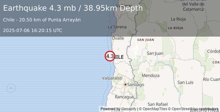 Earthquake 56 km W of Illapel, Chile (4.3 mb) (2025-07-06 16:20:15 UTC)