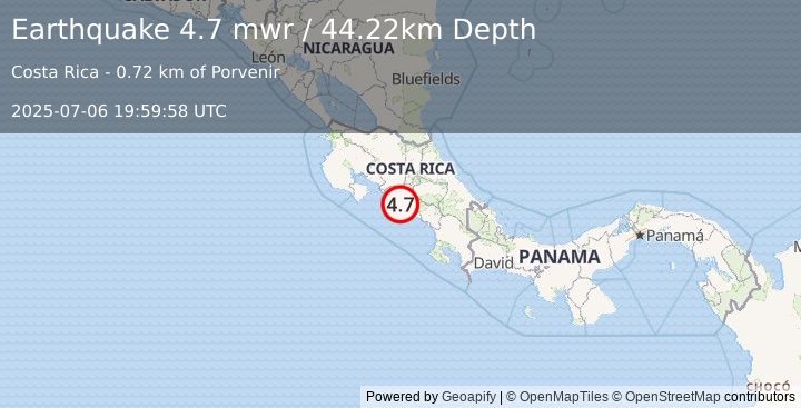 Earthquake 9 km NE of Parrita, Costa Rica (4.7 mwr) (2025-07-06 19:59:58 UTC)