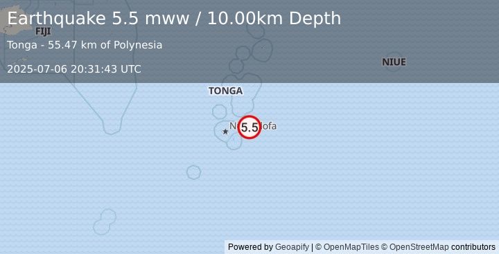 Earthquake 65 km NE of ‘Ohonua, Tonga (5.5 mww) (2025-07-06 20:31:43 UTC)