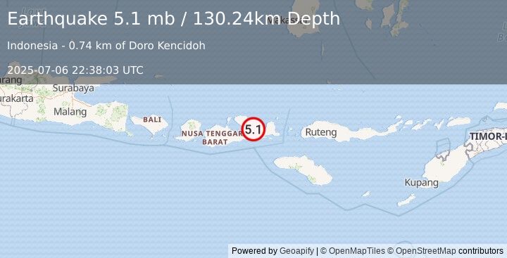 Earthquake 11 km W of Dompu, Indonesia (5.1 mb) (2025-07-06 22:38:03 UTC)