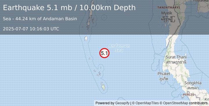 Earthquake 259 km SSE of Port Blair, India (5.1 mb) (2025-07-07 10:16:03 UTC)