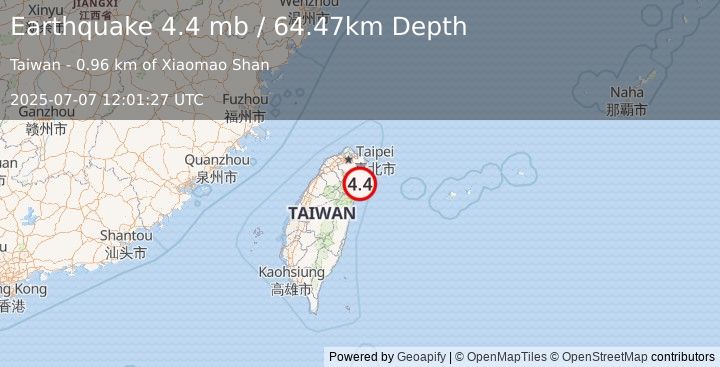 Earthquake 22 km SSE of Yilan, Taiwan (4.4 mb) (2025-07-07 12:01:27 UTC)