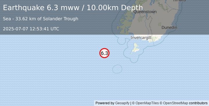 Earthquake 208 km WSW of Riverton, New Zealand (6.3 mww) (2025-07-07 12:53:41 UTC)