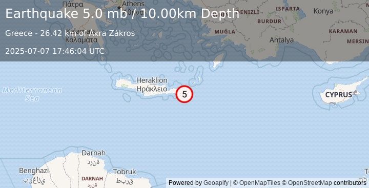Earthquake 33 km SE of Palekastro, Greece (5.0 mb) (2025-07-07 17:46:04 UTC)