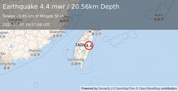 Earthquake 14 km WSW of Hualien City, Taiwan (4.4 mwr) (2025-07-07 19:57:06 UTC)
