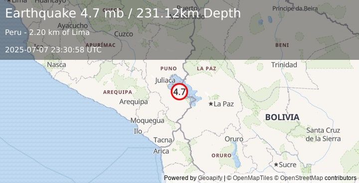 Earthquake 14 km NNE of Pilcuyo, Peru (4.7 mb) (2025-07-07 23:30:58 UTC)
