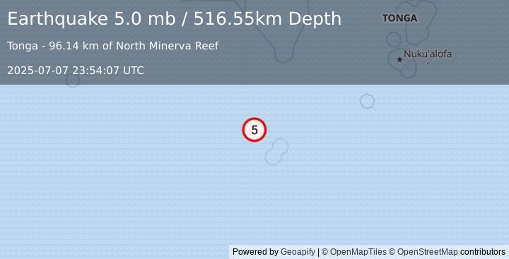 Earthquake south of the Fiji Islands (5.0 mb) (2025-07-07 23:54:07 UTC)