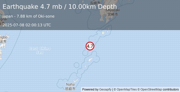 Earthquake 100 km N of Tatsugō, Japan (4.7 mb) (2025-07-08 02:00:13 UTC)
