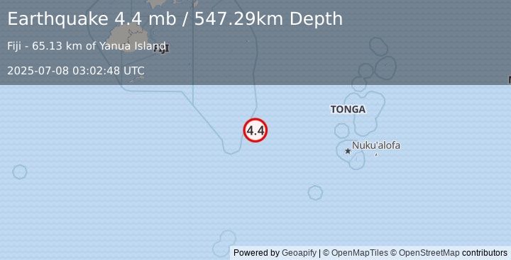 Earthquake 296 km WNW of Houma, Tonga (4.4 mb) (2025-07-08 03:02:48 UTC)