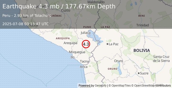 Earthquake 49 km WNW of Mazo Cruz, Peru (4.3 mb) (2025-07-08 03:13:47 UTC)