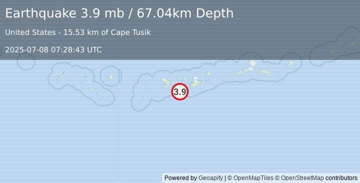 Earthquake 59 km SW of Adak, Alaska (3.9 mb) (2025-07-08 07:28:43 UTC)