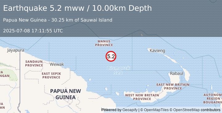 Earthquake 110 km SSE of Lorengau, Papua New Guinea (5.2 mww) (2025-07-08 17:11:55 UTC)