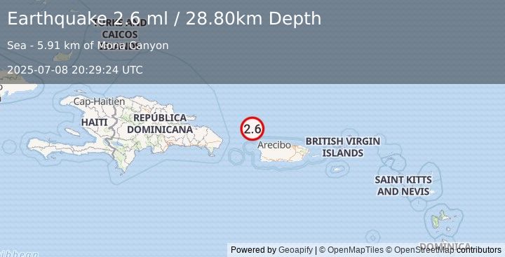 Earthquake 59 km NNW of San Antonio, Puerto Rico (2.6 ml) (2025-07-08 20:29:24 UTC)