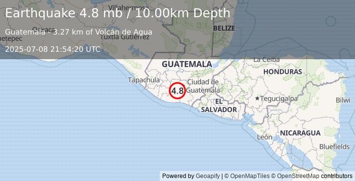 Earthquake 6 km SE of Alotenango, Guatemala (4.8 mb) (2025-07-08 21:54:20 UTC)