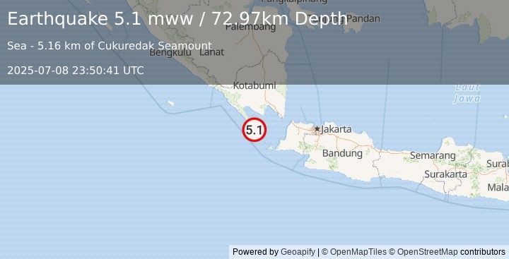 Earthquake 94 km SSW of Bandar Lampung, Indonesia (5.1 mww) (2025-07-08 23:50:41 UTC)