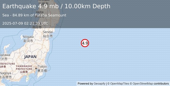 Earthquake 269 km ESE of Onagawa Chō, Japan (4.9 mb) (2025-07-09 02:21:39 UTC)
