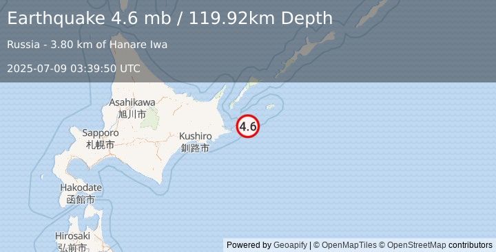 Earthquake 39 km E of Nemuro, Japan (4.6 mb) (2025-07-09 03:39:50 UTC)