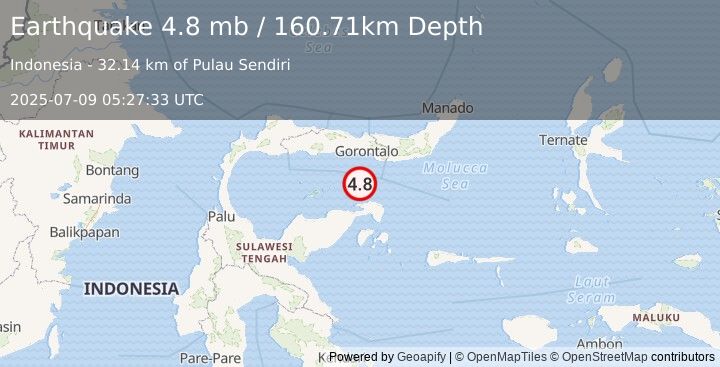 Earthquake 80 km SSW of Gorontalo, Indonesia (4.8 mb) (2025-07-09 05:27:33 UTC)