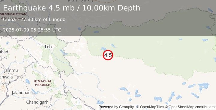 Earthquake western Xizang (4.5 mb) (2025-07-09 05:25:55 UTC)