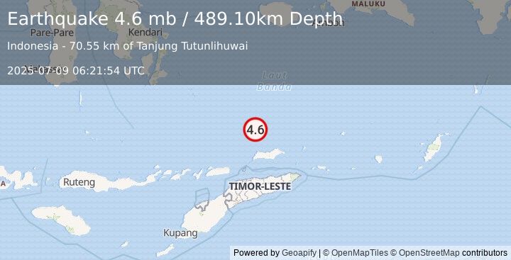 Earthquake 164 km N of Manatutu, Timor Leste (4.6 mb) (2025-07-09 06:21:54 UTC)