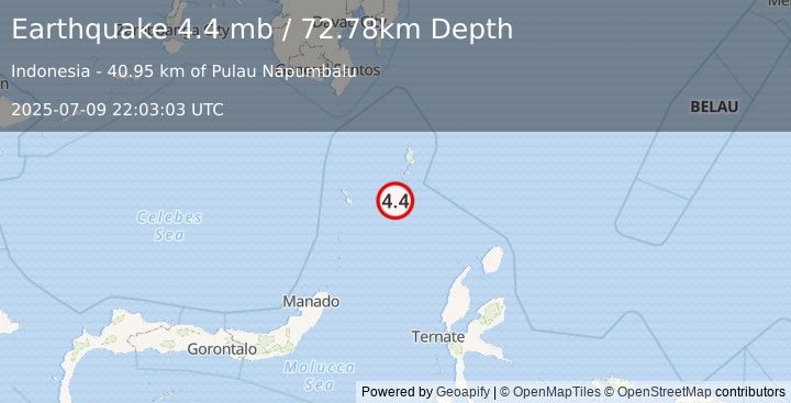 Earthquake 243 km SSE of Sarangani, Philippines (4.4 mb) (2025-07-09 22:03:03 UTC)