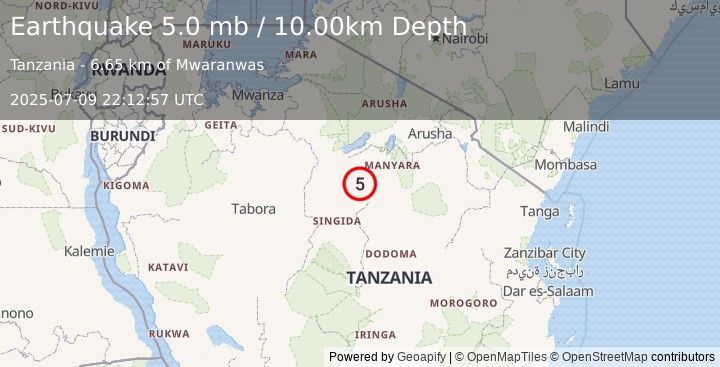Earthquake 13 km SSE of Basotu, Tanzania (5.0 mb) (2025-07-09 22:12:57 UTC)