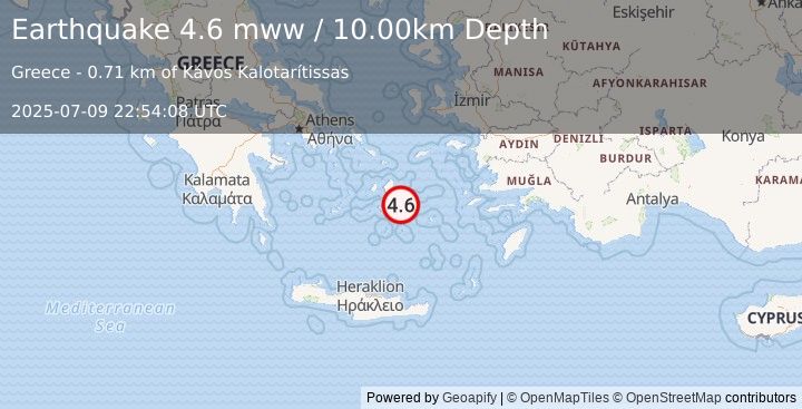 Earthquake 14 km WSW of Amorgós, Greece (4.6 mww) (2025-07-09 22:54:08 UTC)