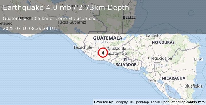 Earthquake 2 km NNE of Santa María de Jesús, Guatemala (4.0 mb) (2025-07-10 08:29:34 UTC)