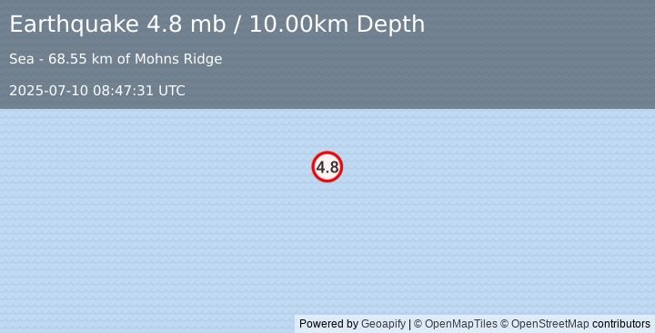 Earthquake Greenland Sea (4.8 mb) (2025-07-10 08:47:31 UTC)