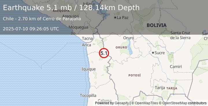 Earthquake 43 km WNW of Colchane, Chile (5.1 mb) (2025-07-10 09:26:05 UTC)