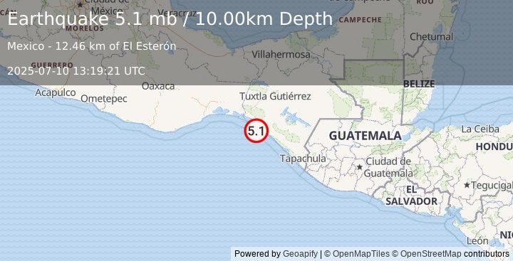 Earthquake 14 km SW of Manuel Ávila Camacho (Ponte Duro), Mexico (5.1 mb) (2025-07-10 13:19:21 UTC)
