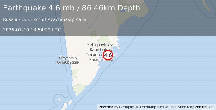 Earthquake 40 km ESE of Petropavlovsk-Kamchatsky, Russia (4.6 mb) (2025-07-10 13:54:22 UTC)
