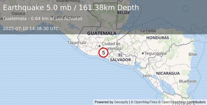 Earthquake 7 km ESE of Santa María Ixhuatán, Guatemala (5.0 mb) (2025-07-10 14:38:30 UTC)