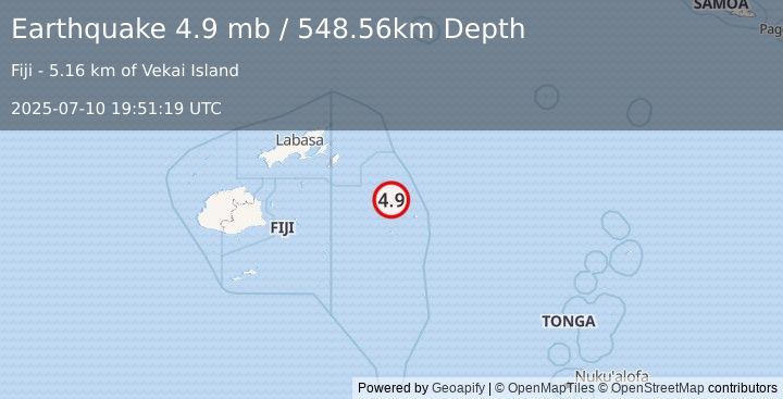 Earthquake 208 km ENE of Levuka, Fiji (4.9 mb) (2025-07-10 19:51:19 UTC)