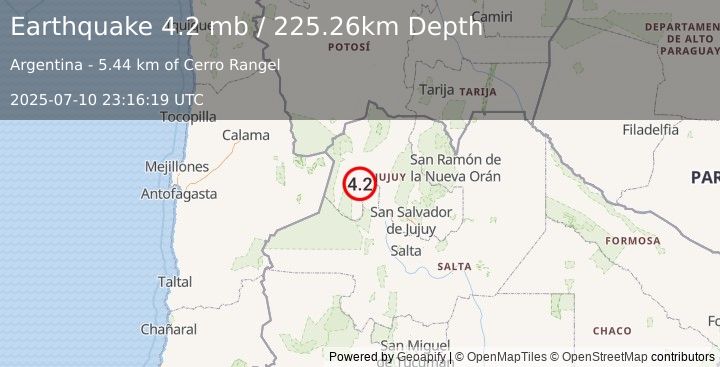 Earthquake 80 km WSW of El Aguilar, Argentina (4.2 mb) (2025-07-10 23:16:19 UTC)