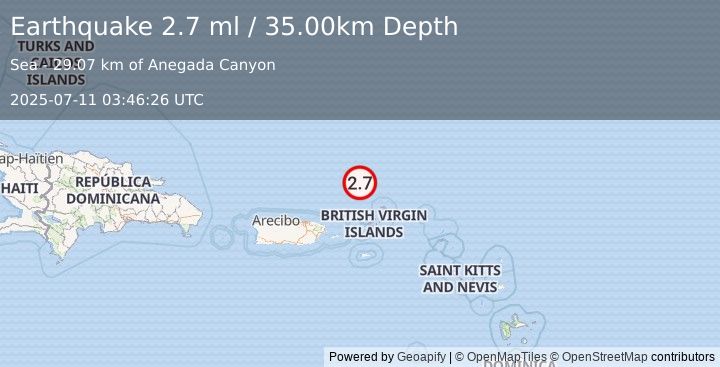 Earthquake 98 km N of Charlotte Amalie, U.S. Virgin Islands (2.7 ml) (2025-07-11 03:46:26 UTC)
