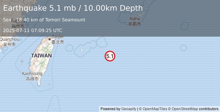 Earthquake 112 km SSE of Miyakojima, Japan (5.1 mb) (2025-07-11 07:09:25 UTC)