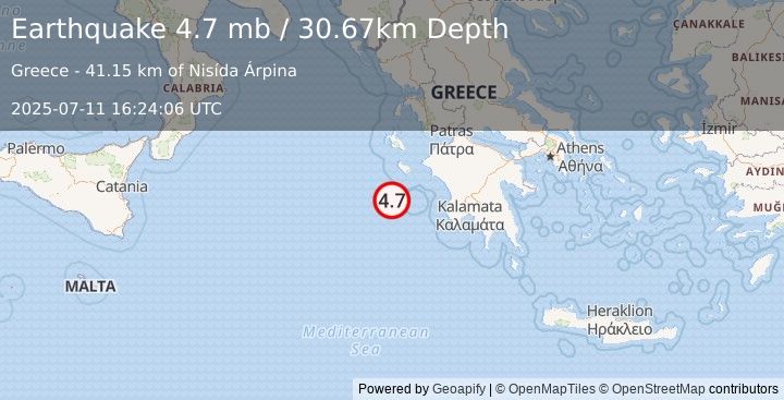 Earthquake 55 km SSW of Lithakiá, Greece (4.7 mb) (2025-07-11 16:24:06 UTC)