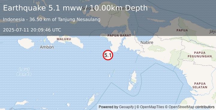 Earthquake 148 km N of Tual, Indonesia (5.1 mww) (2025-07-11 20:09:46 UTC)
