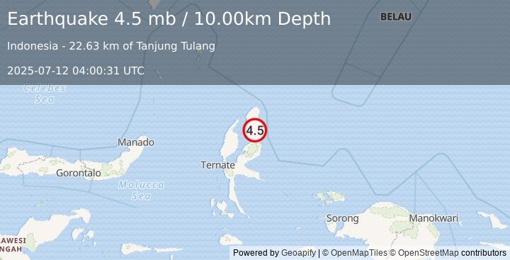 Earthquake 60 km ENE of Tobelo, Indonesia (4.5 mb) (2025-07-12 04:00:31 UTC)