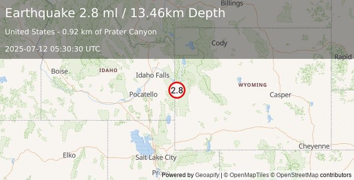 Earthquake 3 km NNE of Star Valley Ranch, Wyoming (2.8 ml) (2025-07-12 05:30:30 UTC)