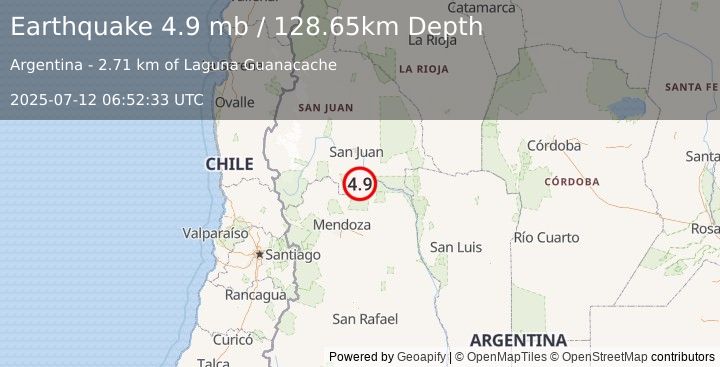 Earthquake 51 km SSE of Pocito, Argentina (4.9 mb) (2025-07-12 06:52:33 UTC)