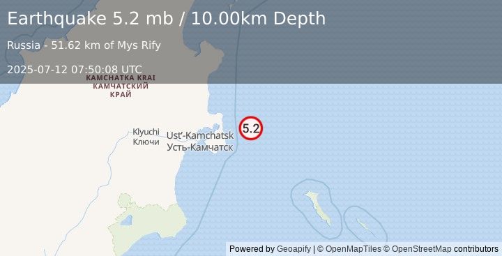 Earthquake 106 km ENE of Ust’-Kamchatsk Staryy, Russia (5.2 mb) (2025-07-12 07:50:08 UTC)