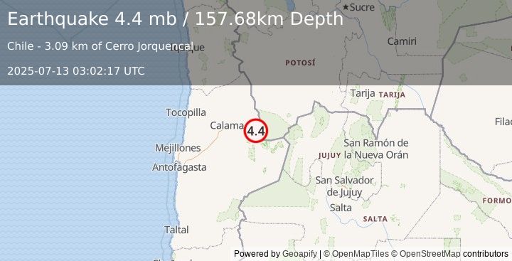 Earthquake 37 km NNE of San Pedro de Atacama, Chile (4.4 mb) (2025-07-13 03:02:17 UTC)