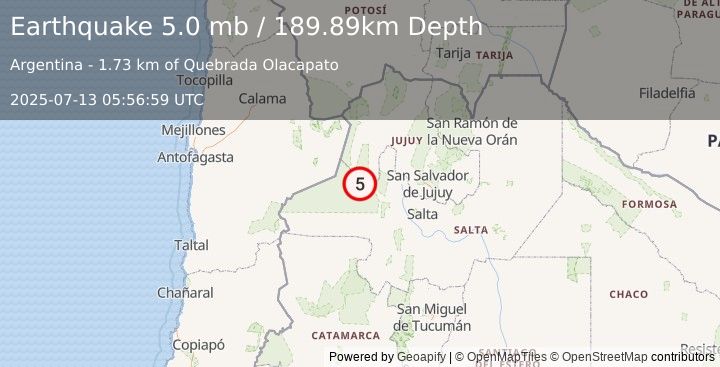 Earthquake 47 km W of San Antonio de los Cobres, Argentina (5.0 mb) (2025-07-13 05:56:59 UTC)