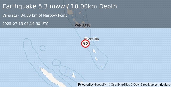 Earthquake 45 km S of Port-Vila, Vanuatu (5.3 mww) (2025-07-13 06:16:50 UTC)