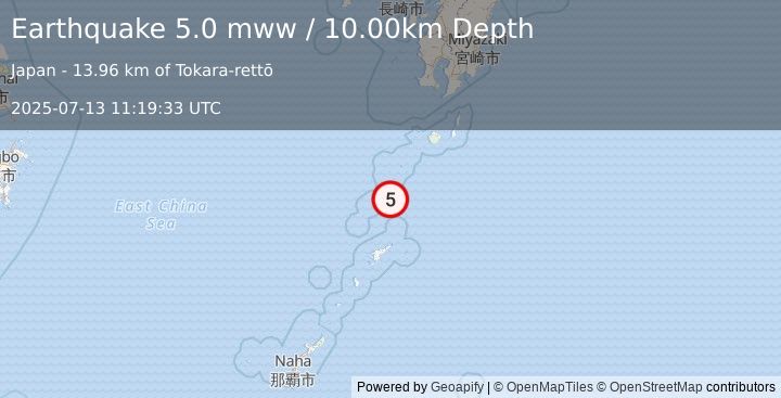 Earthquake 91 km N of Tatsugō, Japan (5.0 mww) (2025-07-13 11:19:33 UTC)