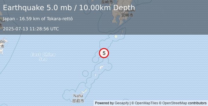 Earthquake 88 km N of Tatsugō, Japan (5.0 mb) (2025-07-13 11:28:56 UTC)