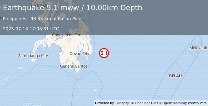 Earthquake 101 km ESE of Santiago, Philippines (5.1 mww) (2025-07-13 17:08:31 UTC)