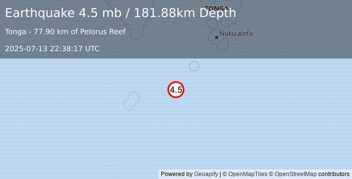 Earthquake 296 km SW of Houma, Tonga (4.5 mb) (2025-07-13 22:38:17 UTC)